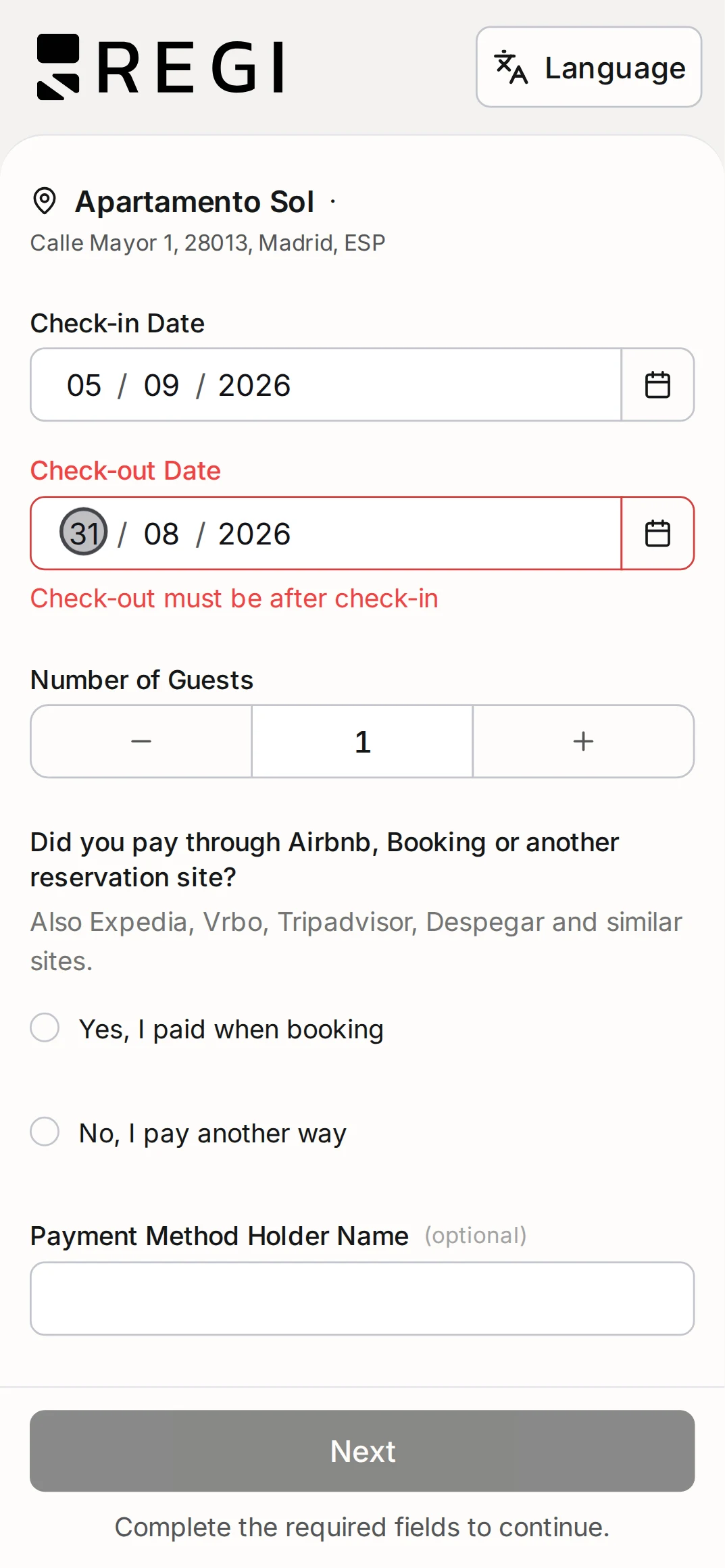 The form warns on the spot: the check-out date must be after the check-in date.