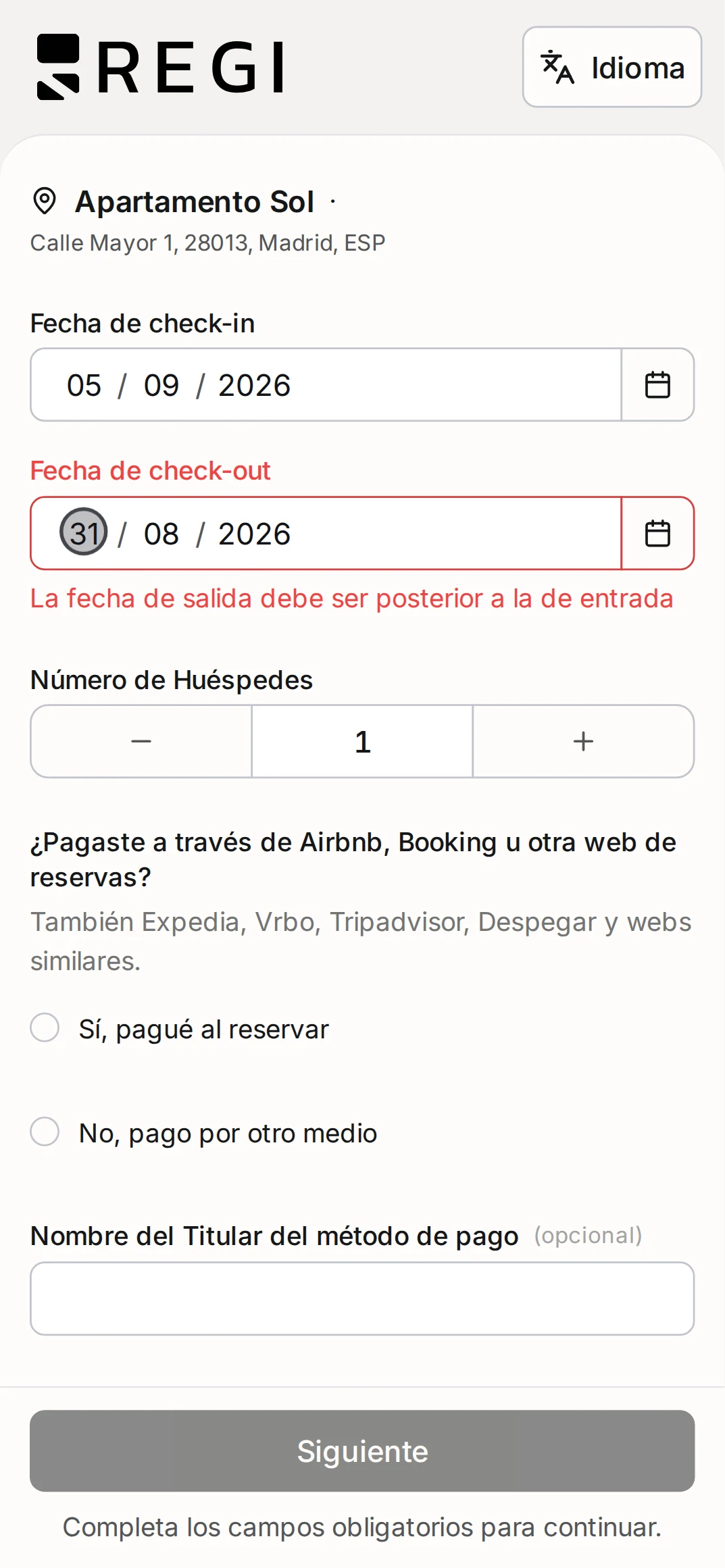 El formulario avisa en el momento: la fecha de salida debe ser posterior a la de entrada.