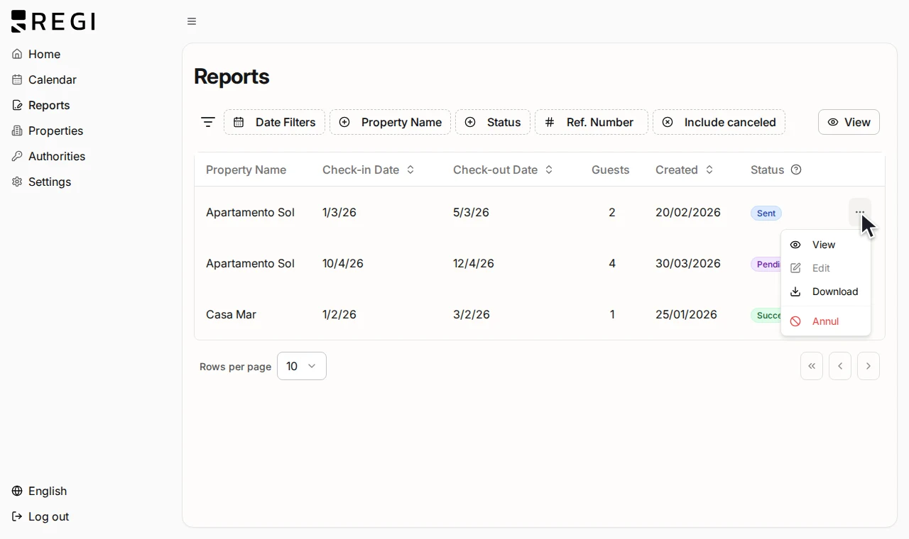 The reports table in Regi with one report menu open: view, download or cancel.