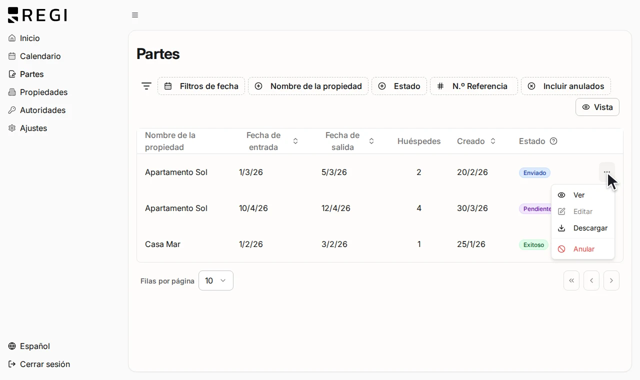 La tabla de partes en Regi con el menú de un parte abierto: ver, descargar o anular.