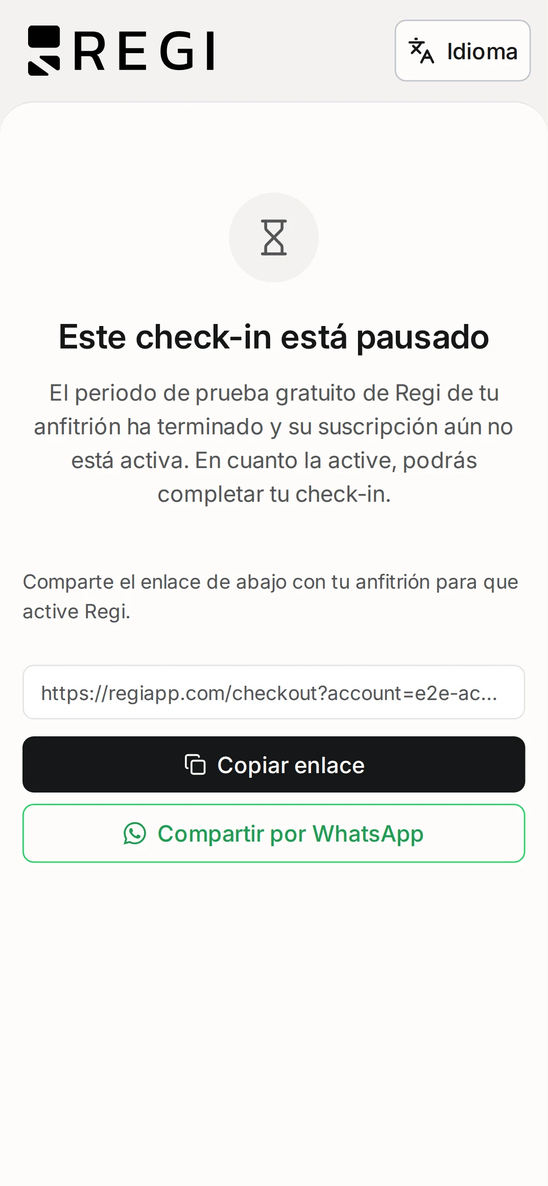 Pantalla de check-in pausado: explica el motivo y ofrece copiar el enlace o compartirlo por WhatsApp.