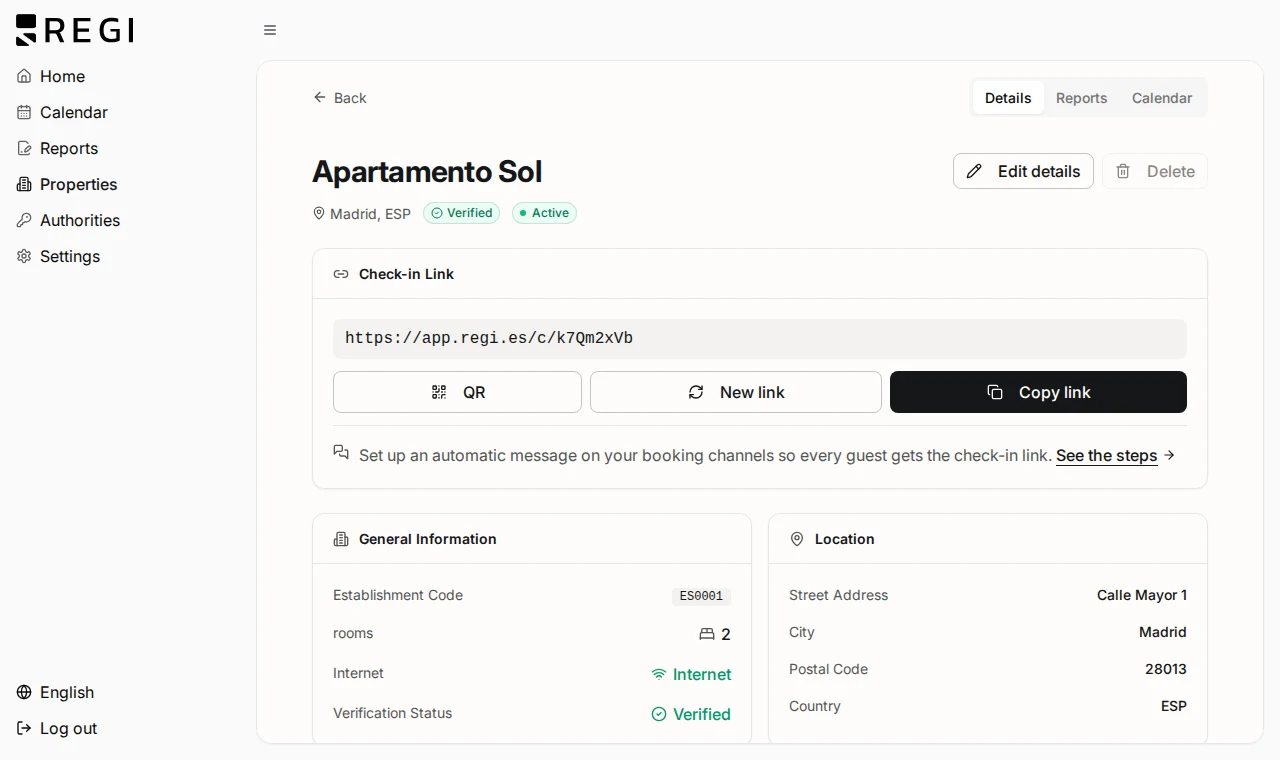 The check-in link section of a lodging in Regi: short link, QR button, new link and copy link.