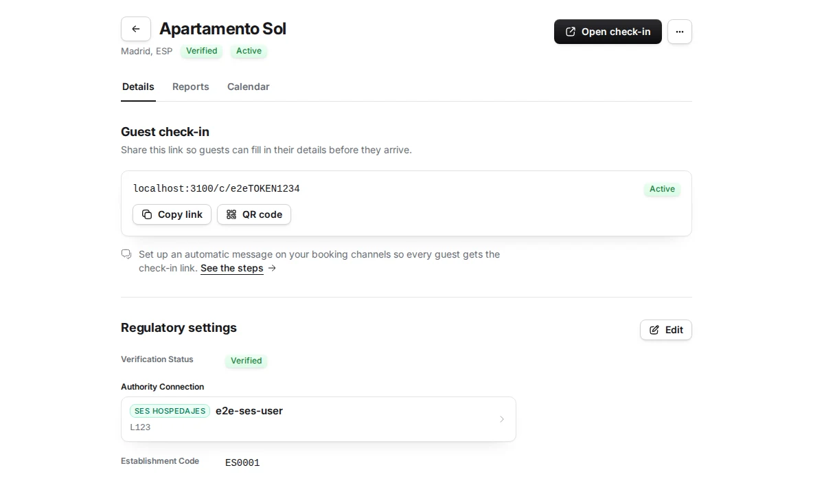 A lodging's detail page as an object page, with the Details, Reports and Calendar tabs, and the regulatory settings section.