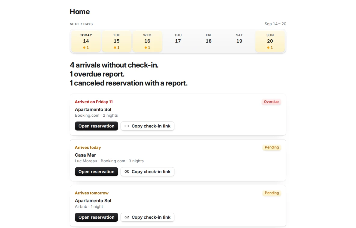 Regi's Home dashboard with the 7-day strip, the one-sentence verdict and cards for reservations pending check-in.