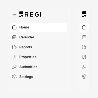 Regi's sidebar expanded next to the same sidebar collapsed into an icon rail.