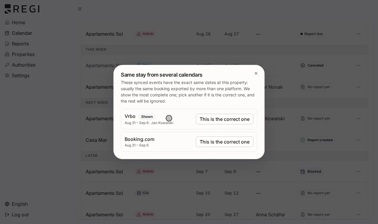 Regi dialog showing the same stay arriving from two calendars, with a choice of which one to keep.