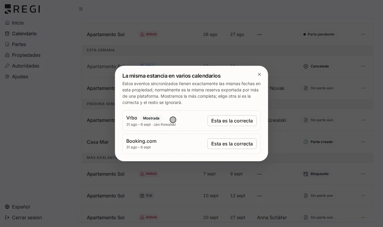 Diálogo de Regi que muestra la misma estancia llegada por dos calendarios y deja elegir cuál se mantiene.